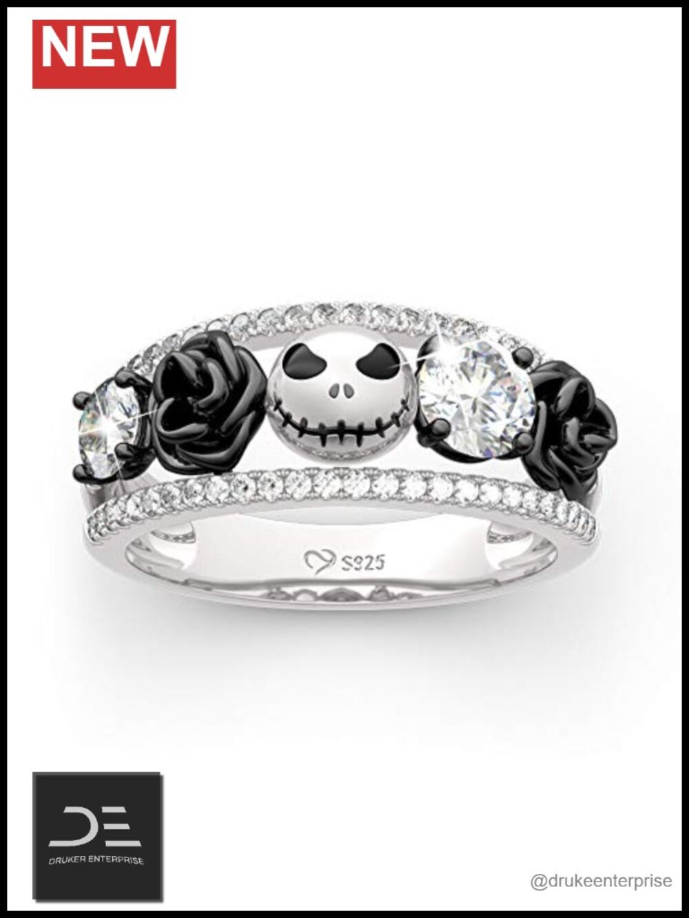 Sterling Silver Skull Ring 1.76ct Rose Flower Eternity Band
